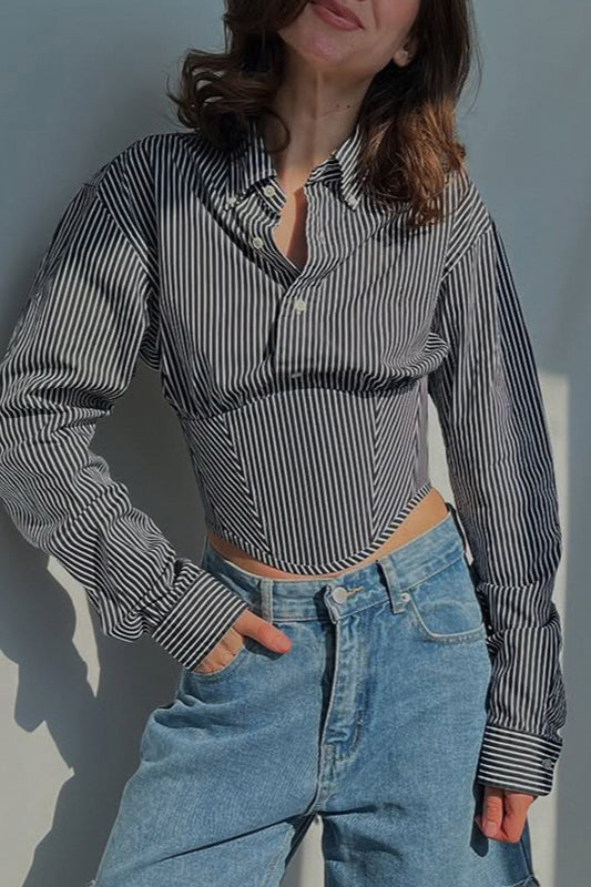 Striped Waist Cinched Collared Short Blouse