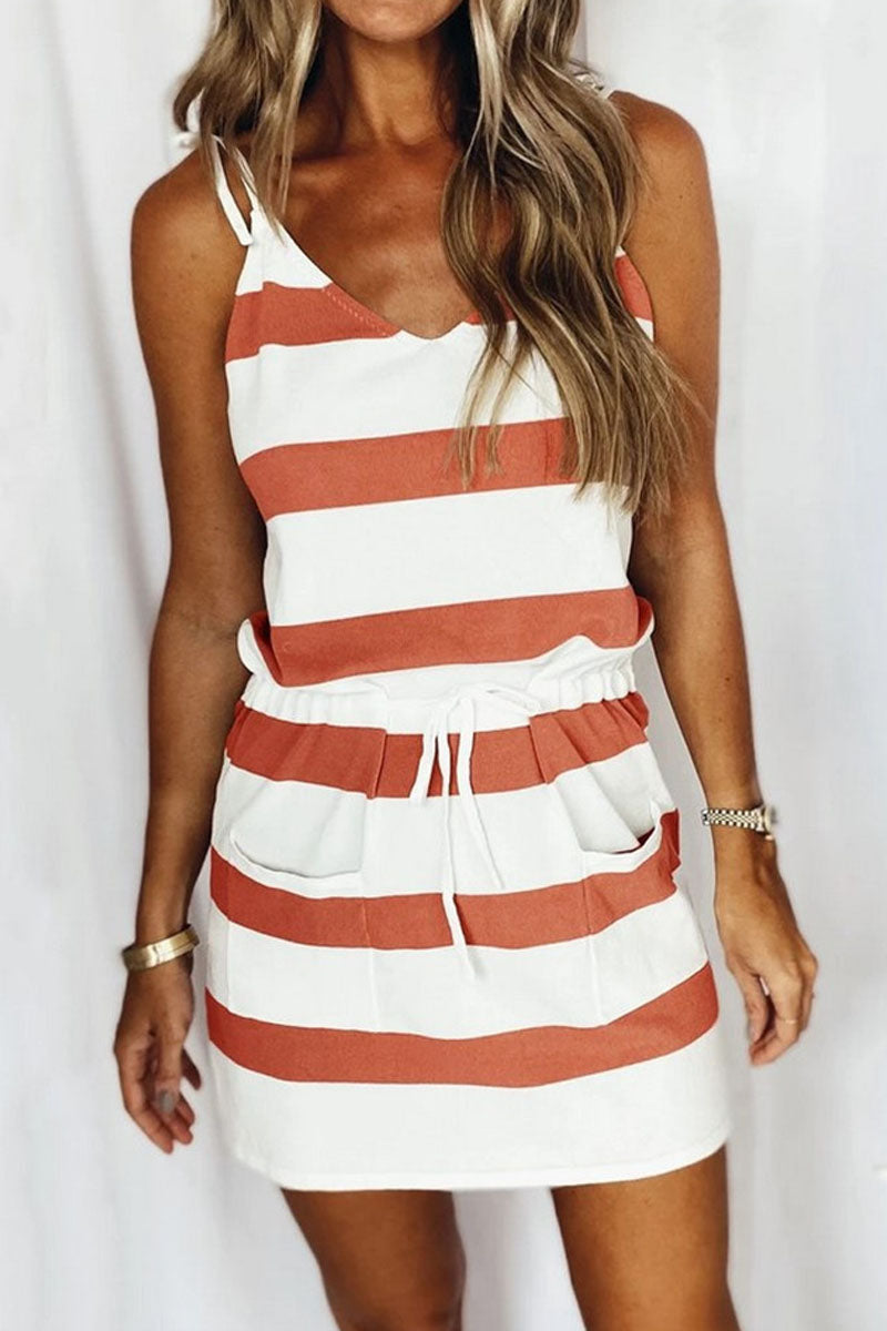 Striped Color Block Tie Pocket Spaghetti Strap Mini Dress - Fashionpara