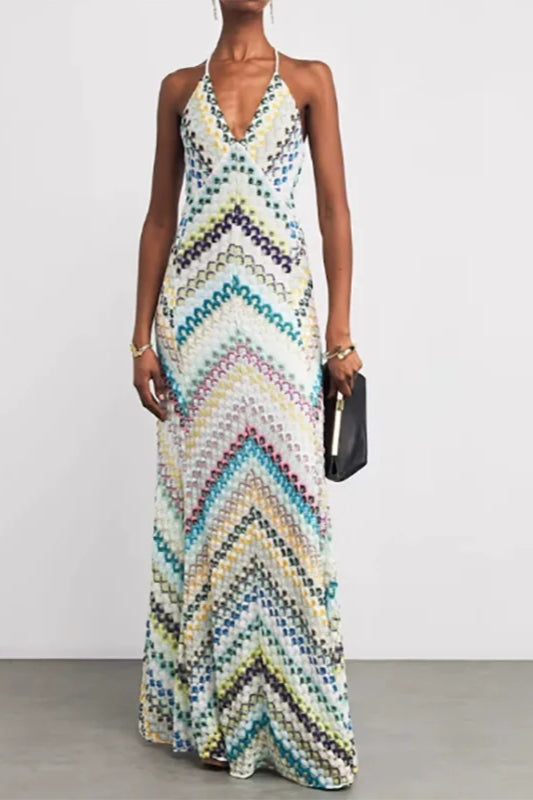 Zigzag Knit Halter Neck Backless Maxi Dress