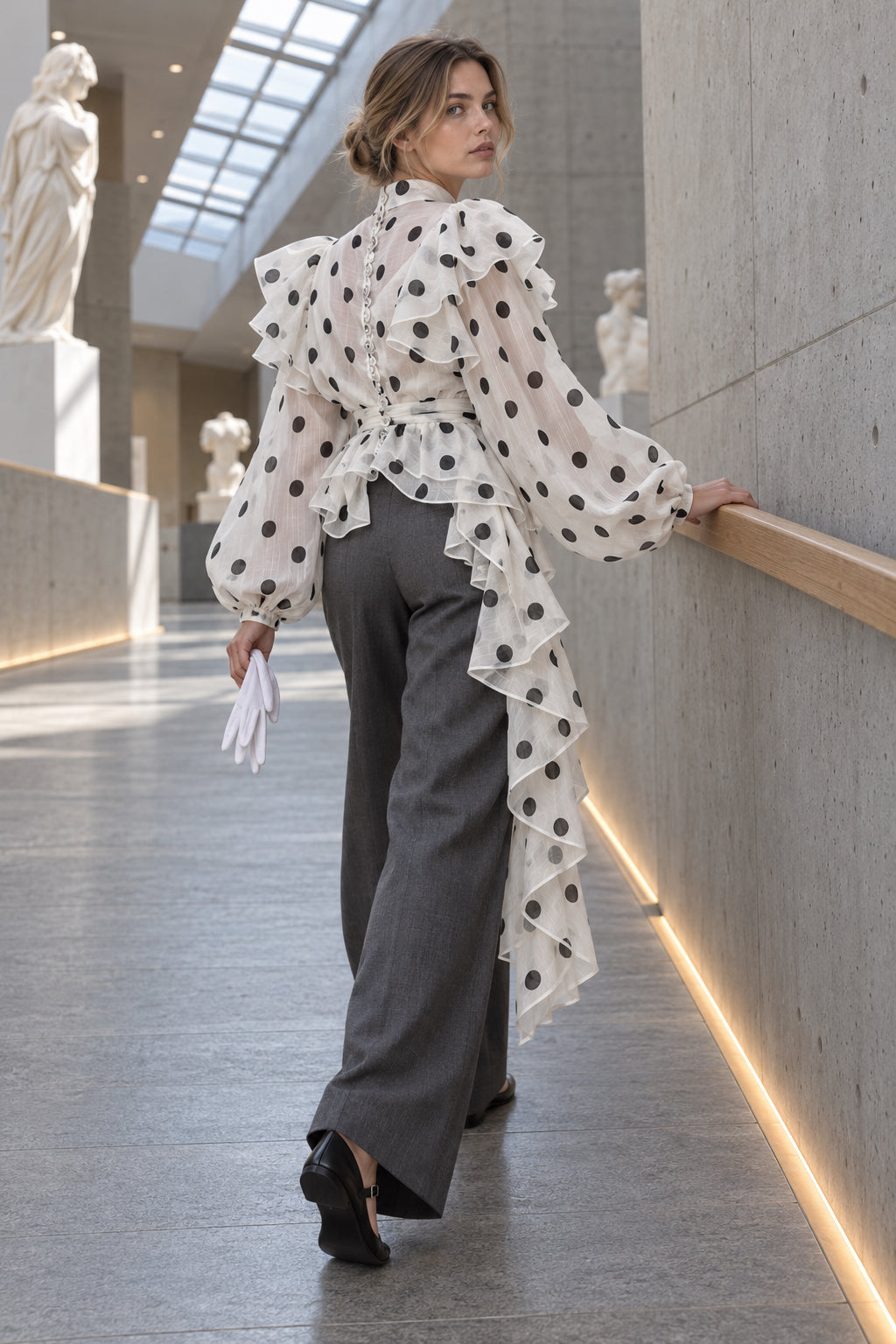 Dot Ruffled Tie Stand Collar Blouse