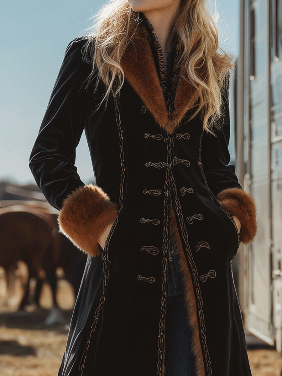 Vintage Black Velvet Faux Fur Trim Long Coat - Fashionpara