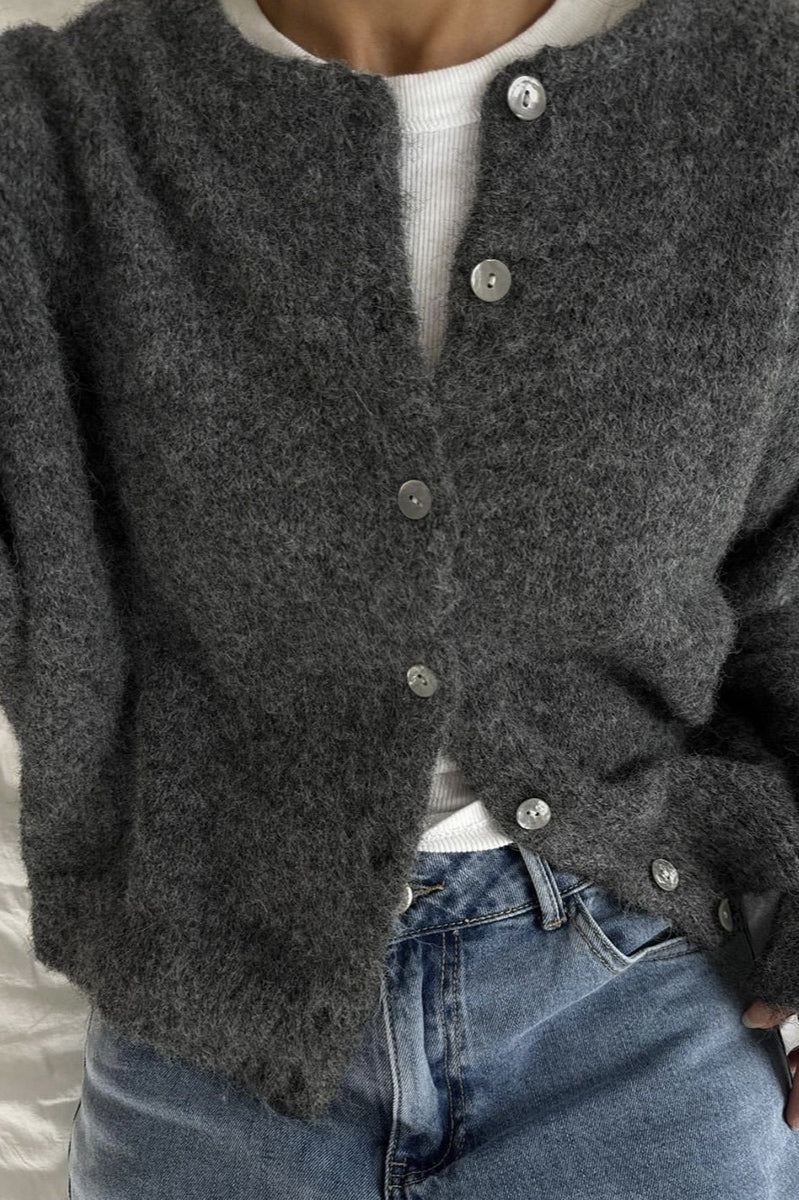 Soft Gray Vintage Knit Cardigan with Elegant Shell Buttons