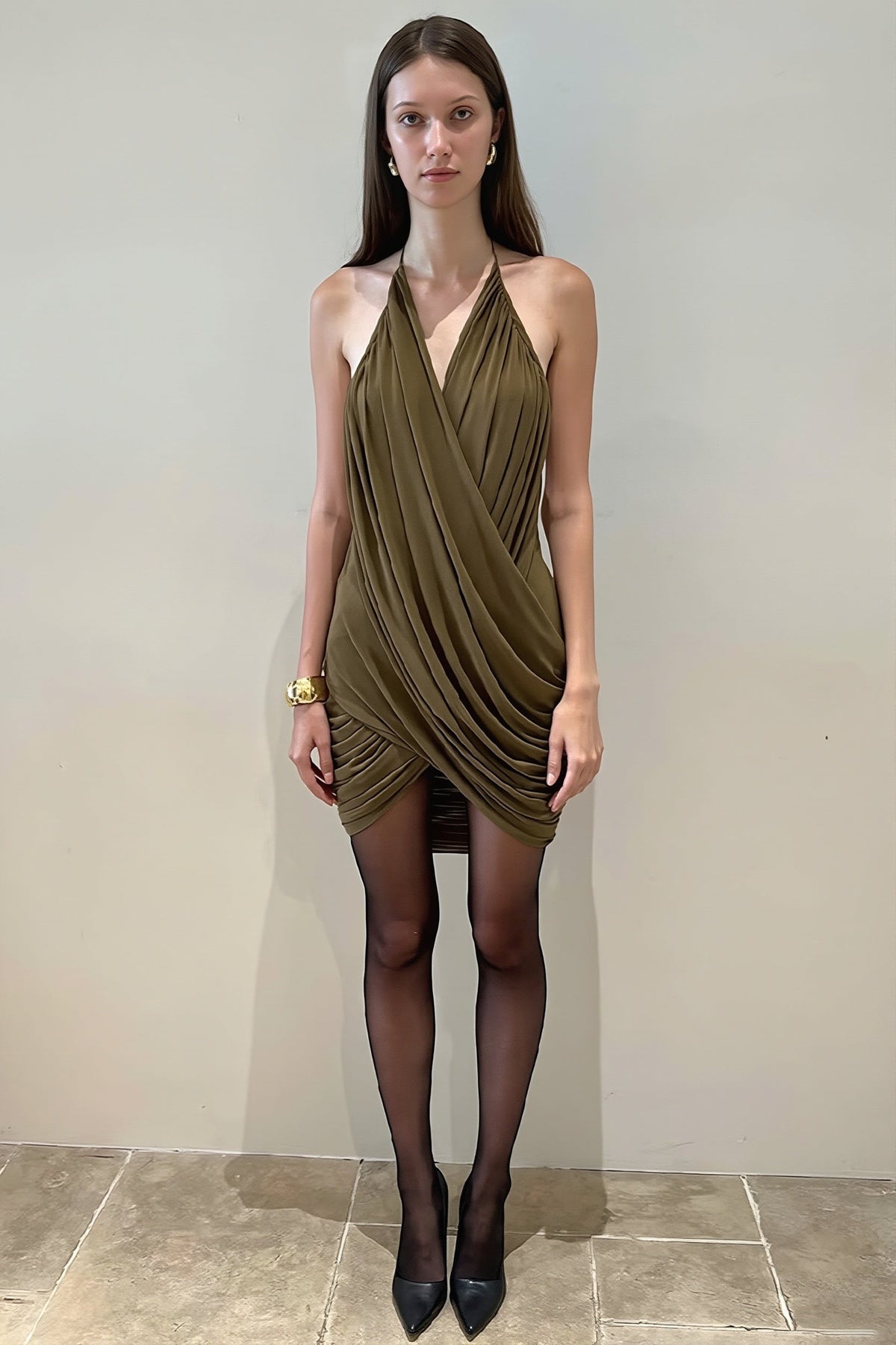 Draped Deep V-Neck Cowl Wrap Mini Dress 4