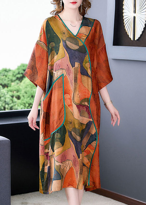 Abstract Print V-Neck Kimono Sleeve Piped Pocket Midi Shift Dress - View 2