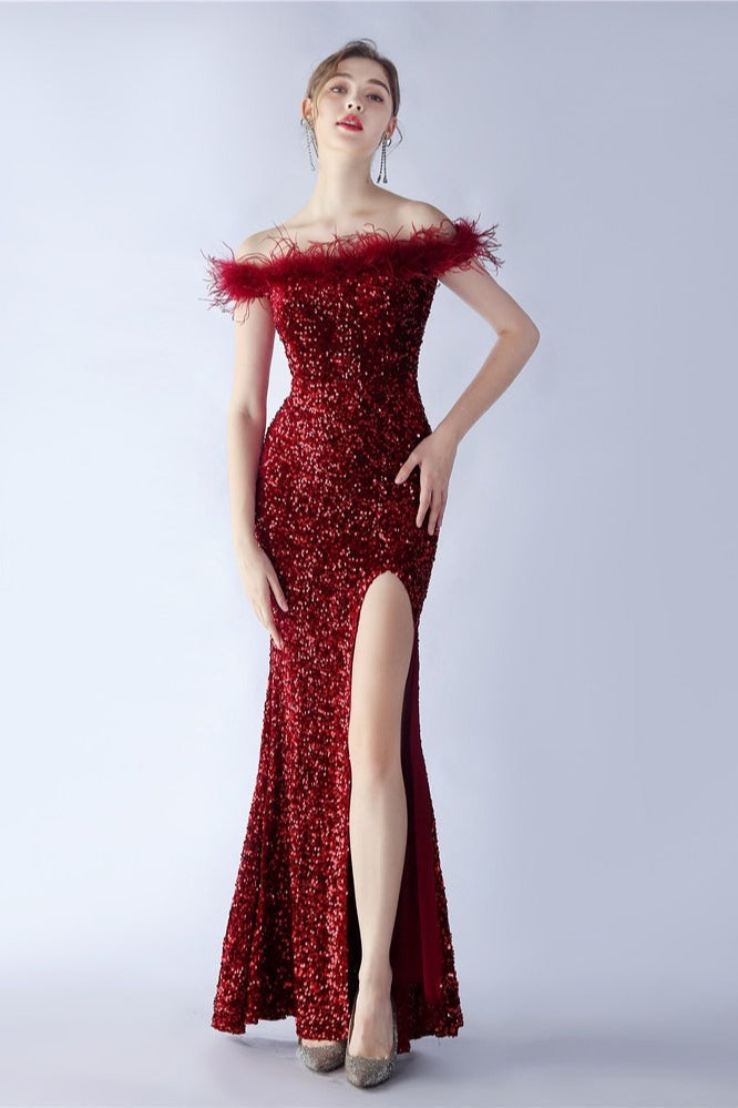 Sequin Off Shoulder Feather Trim High Split Mermaid Gown