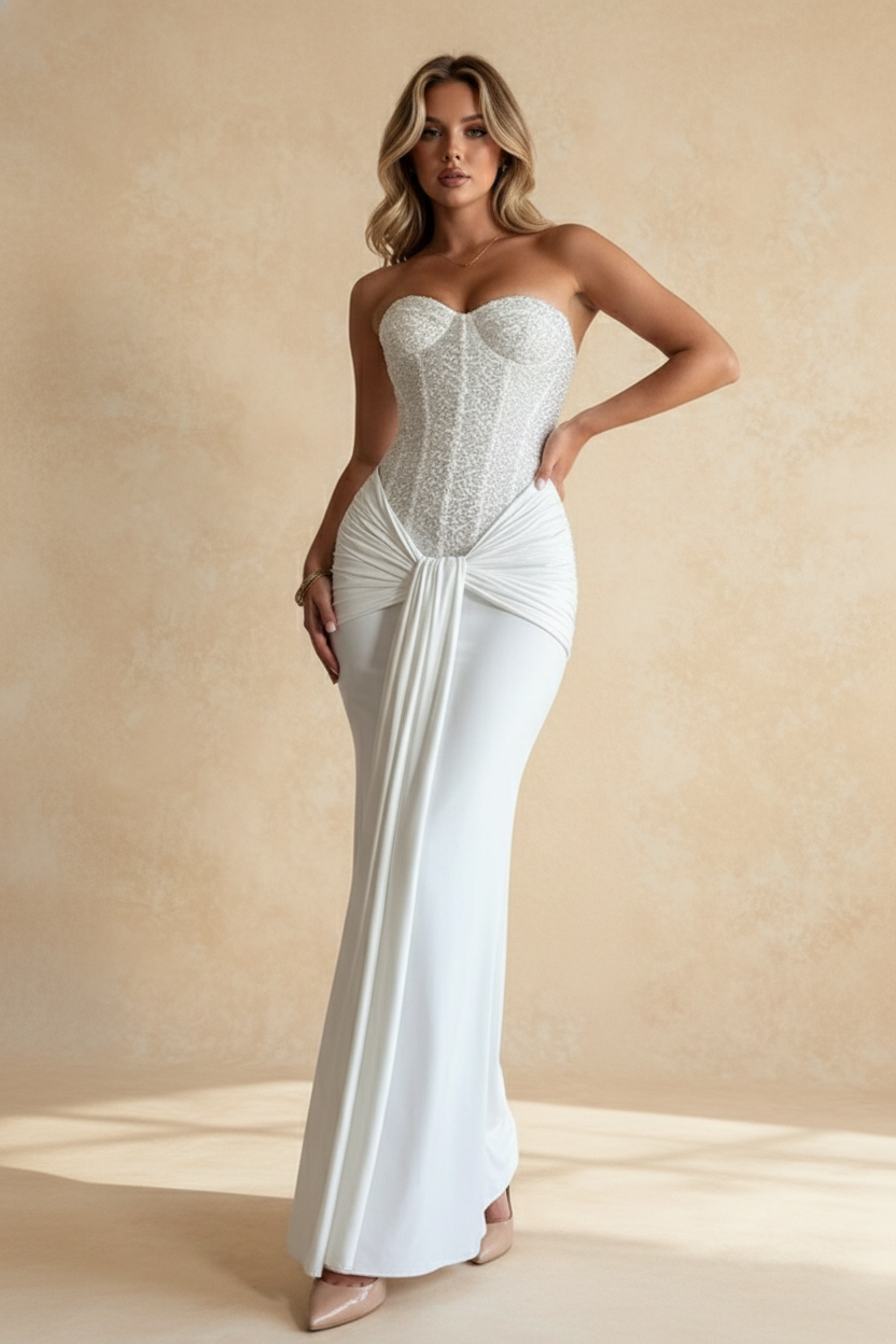 Sequin Corset Sweetheart Knot Drape Mermaid Gown