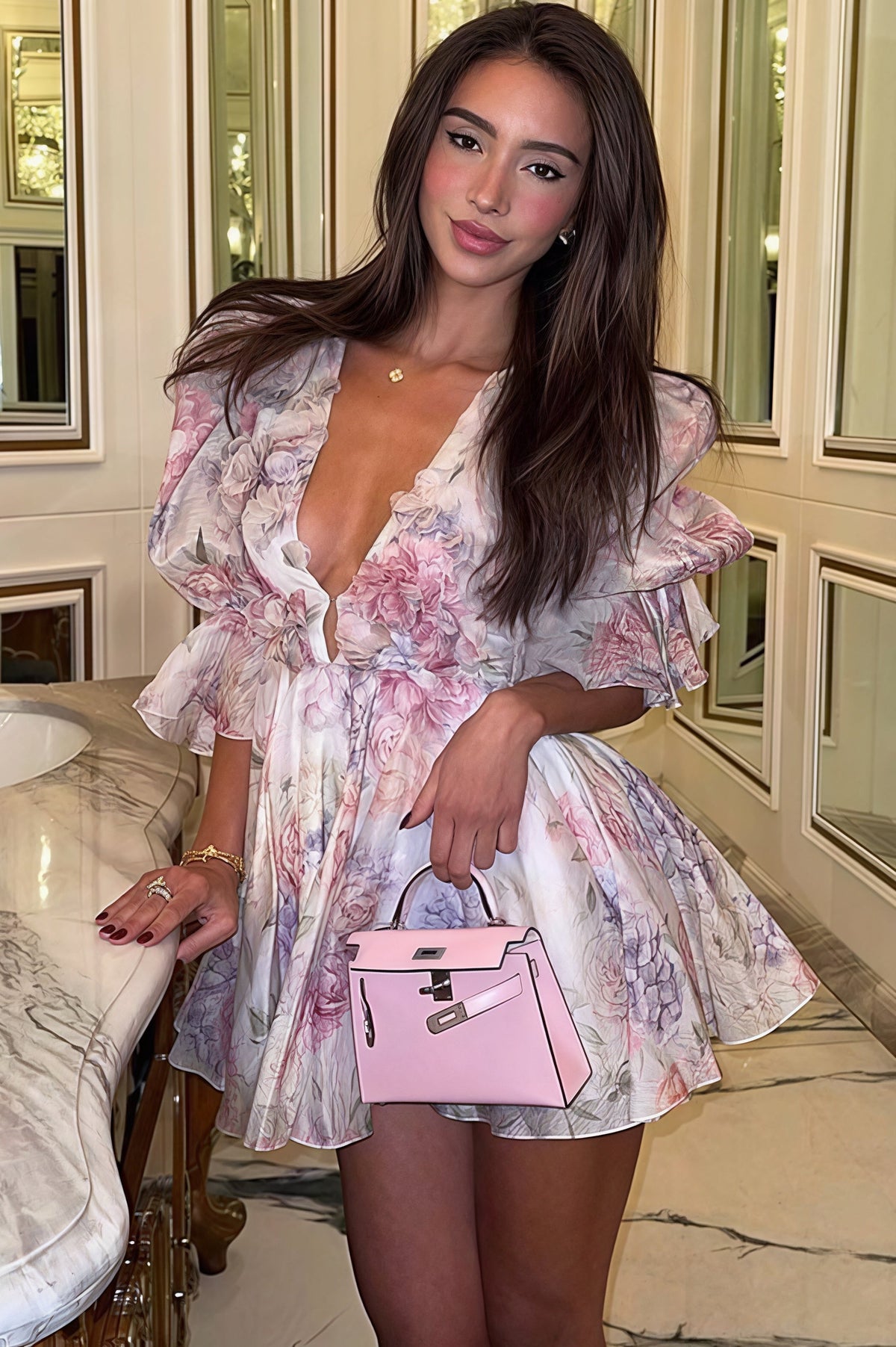 Floral Deep V-Neck Ruffle Flutter Sleeve Mini Dress