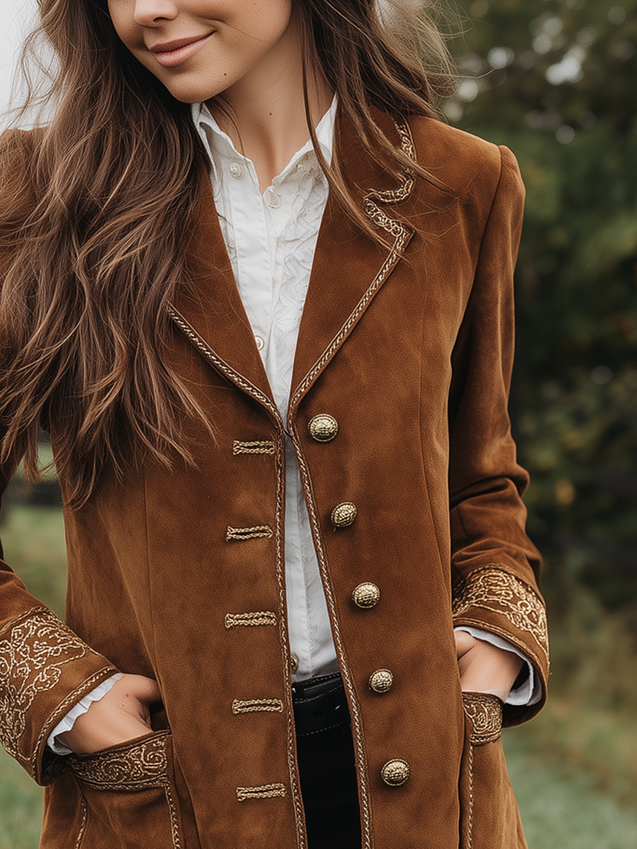 Retro Embroidered Cuffs Eco-friendly Suede Coat - Fashionpara