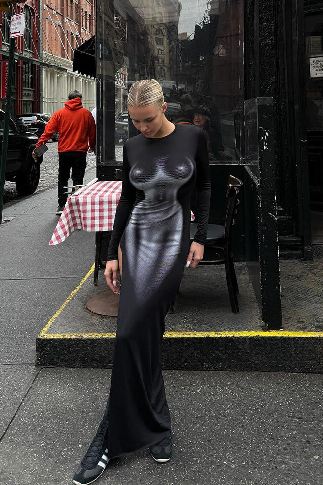 Printed High Slit Long Sleeve Bodycon Maxi Dress