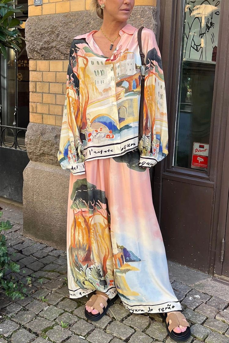 Ellison Unique Print Button Up Long Balloon Sleeve Loose Blouse - Fashionpara