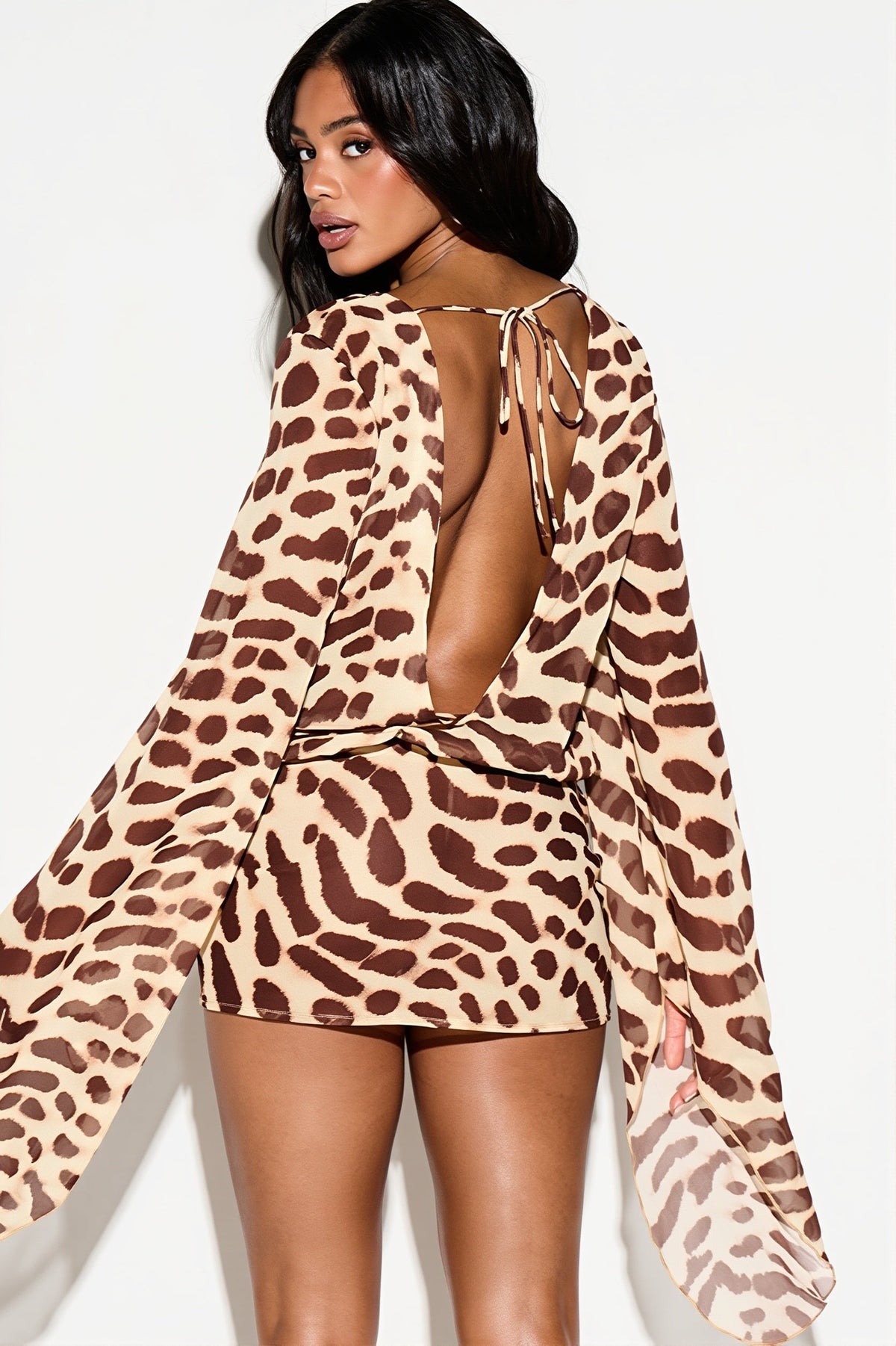 Leopard Lace Up Plunge Long Sleeve Mini Dress 2