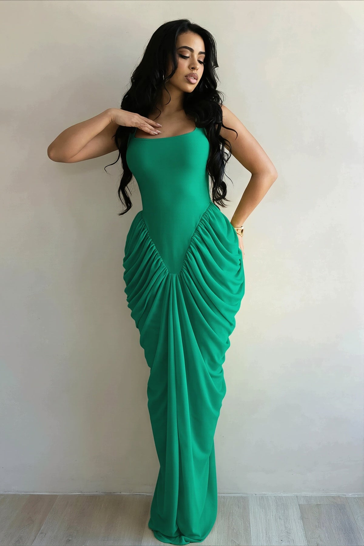 Mesh Scoop Neck Ruched Draped Mermaid Maxi Dress