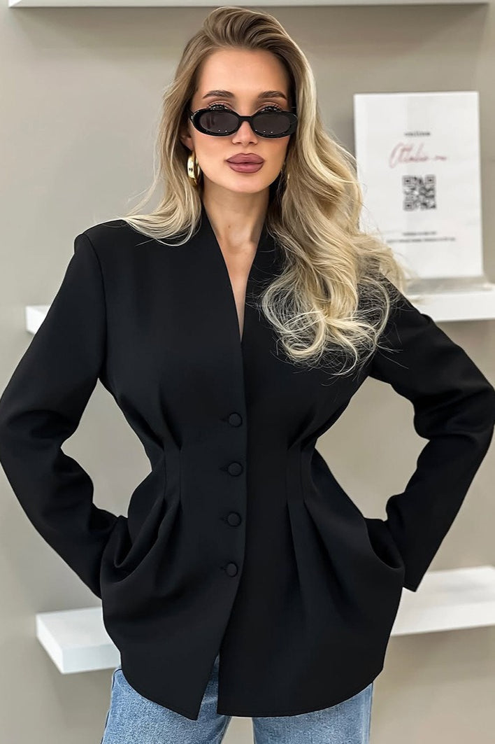 Pleated Waist Stand Collar Blazer 2