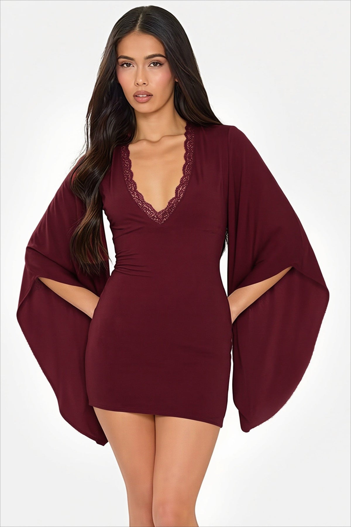 V-Neck Cape Sleeve Embellished Bodycon Mini Dress