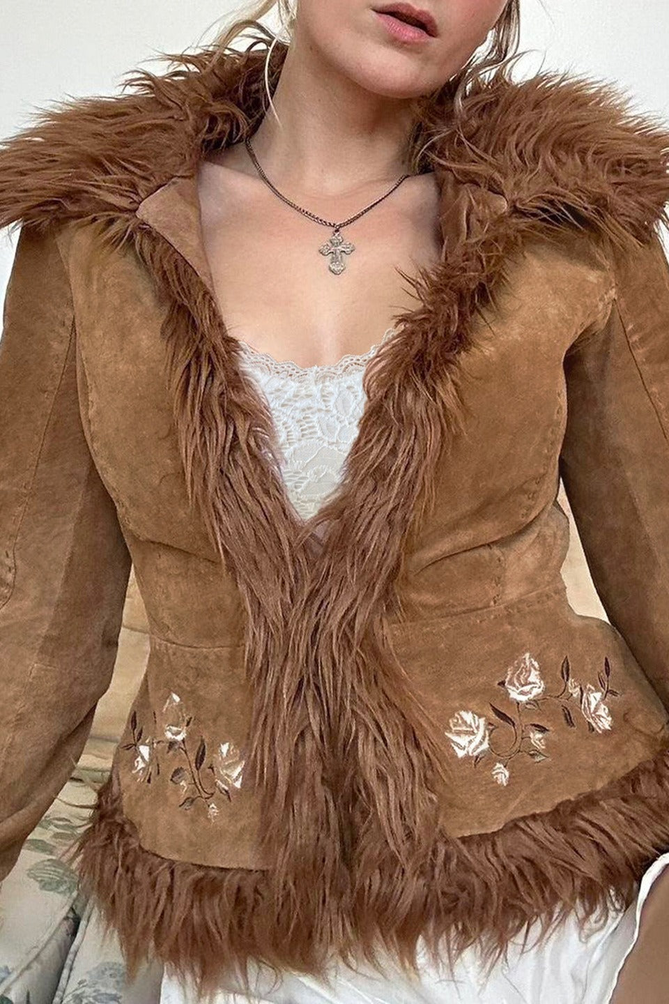 Floral Embroidered Fleece Coat - Fashionpara