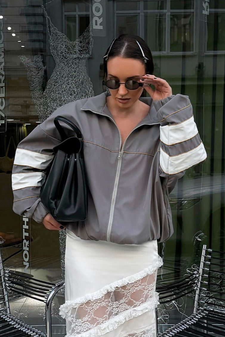 Color Block Designer Mandarin Collar Coat for Elegant Style