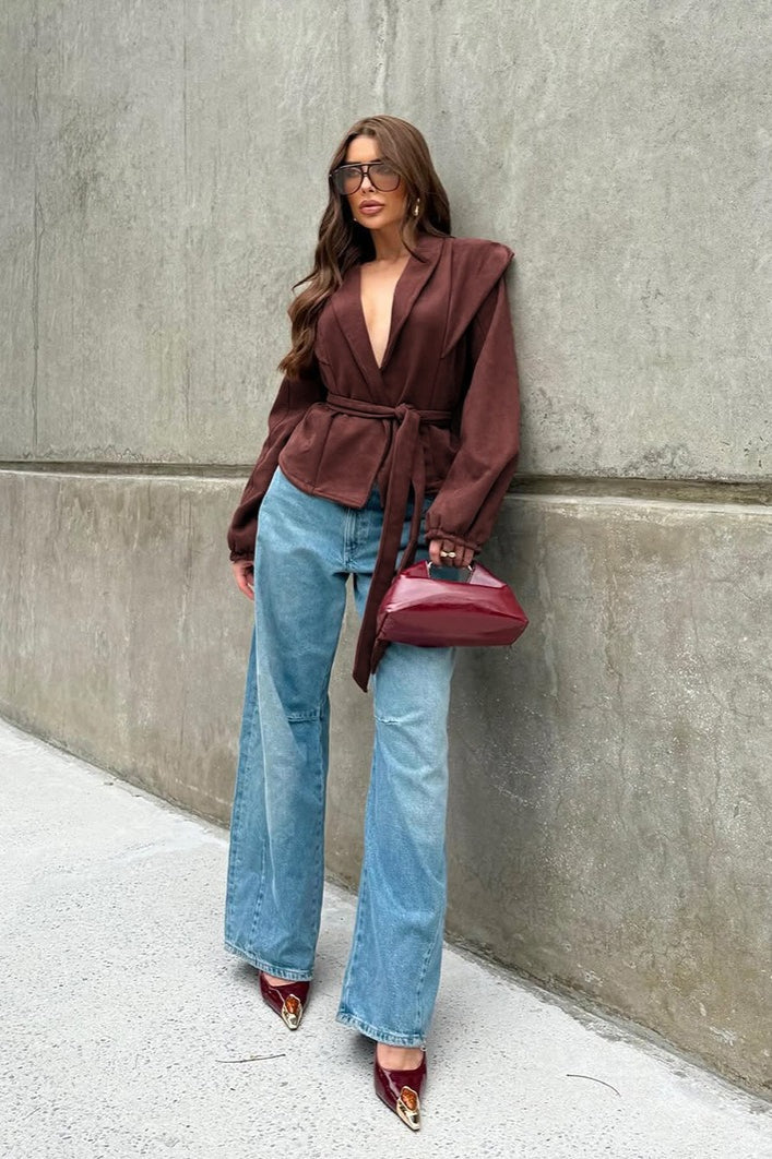 Vintage Wine Red Suede Tie-Waist V-Neck Coat for Elegance