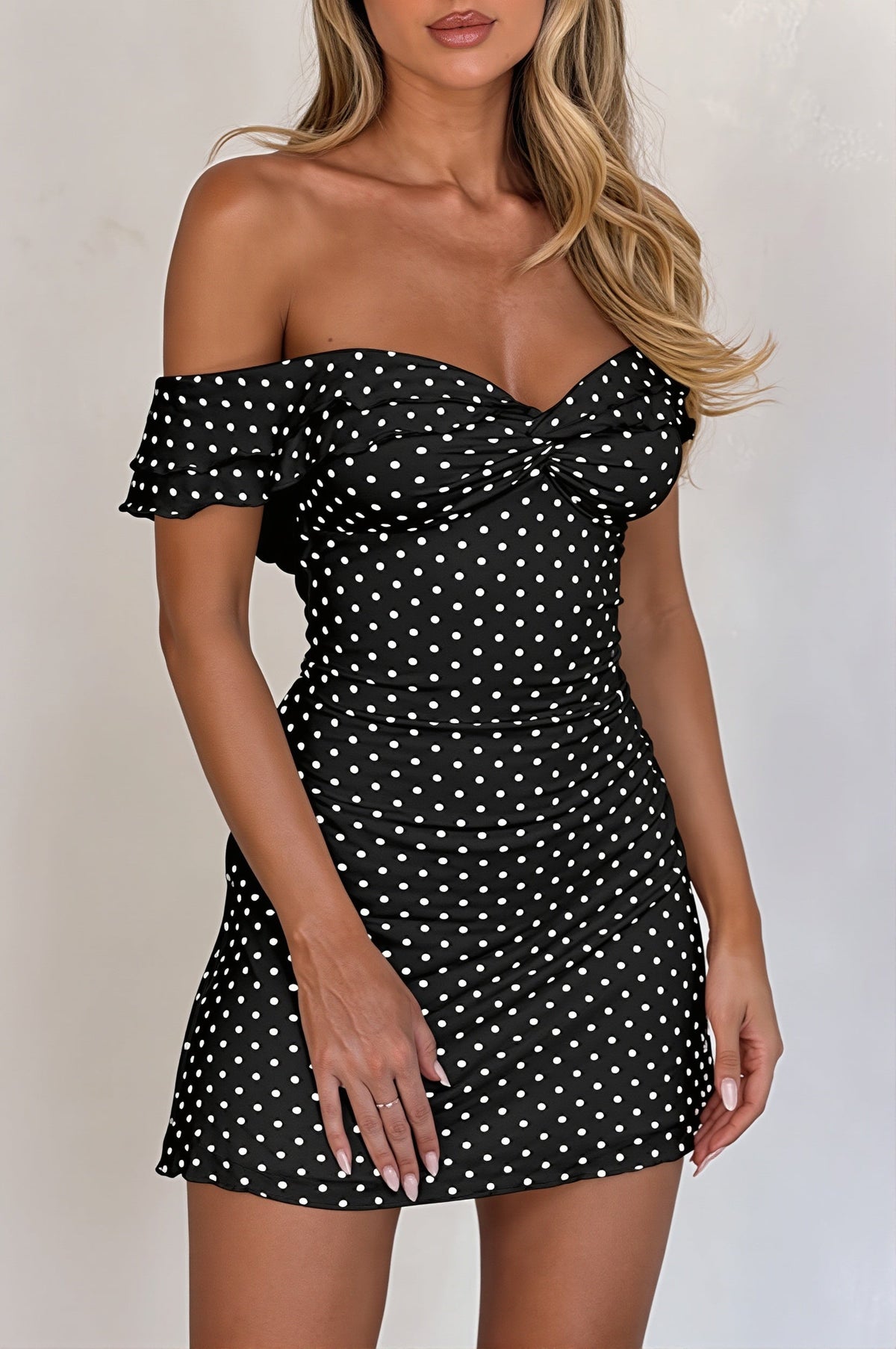 Polka Dot Off Shoulder Twist Front Mini Dress