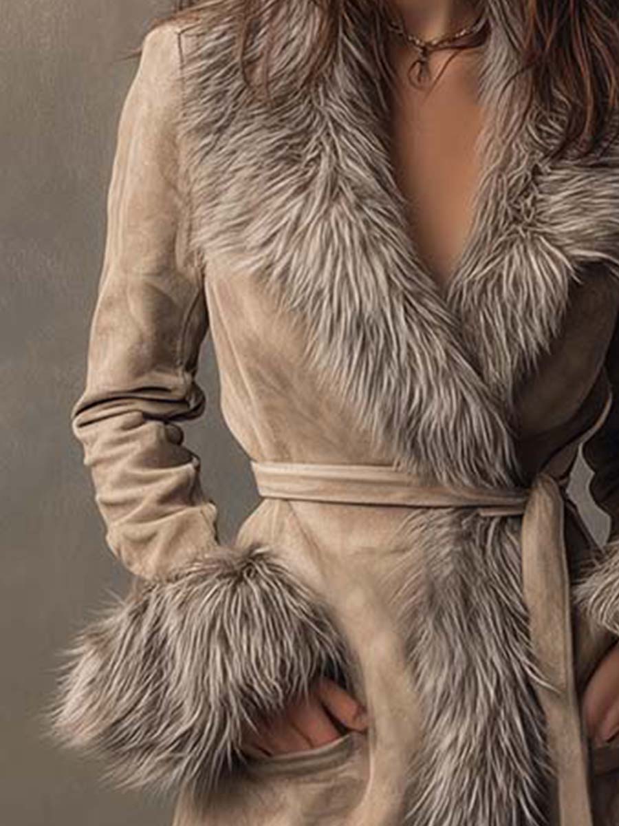 Toffee Cream Eco-friendly Suede Long Coat With Faux Fur Trim And Belt - Fashionpara