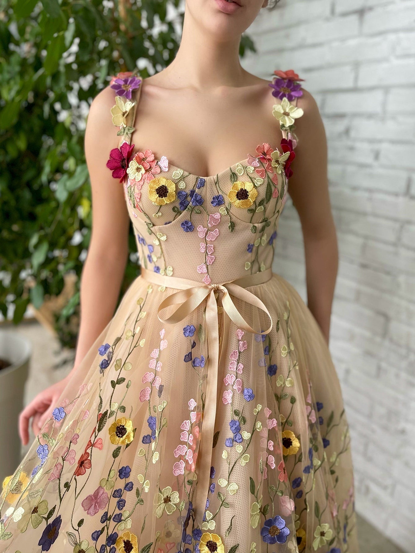 Beige Sweetheart A Line Embroidery Long Prom Dress With 3D Flowers - Fashionpara