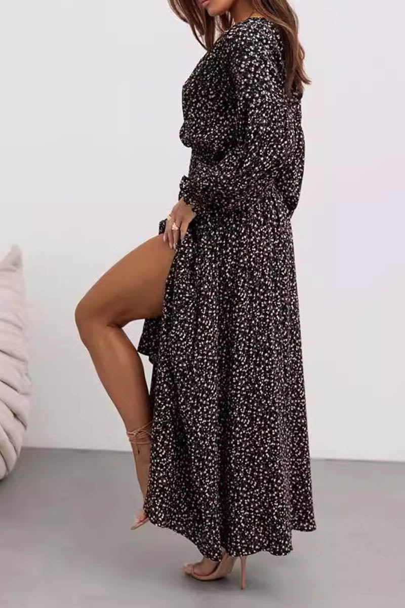 Printed V-neck Slit Long Sleeve Dress - Fashionpara