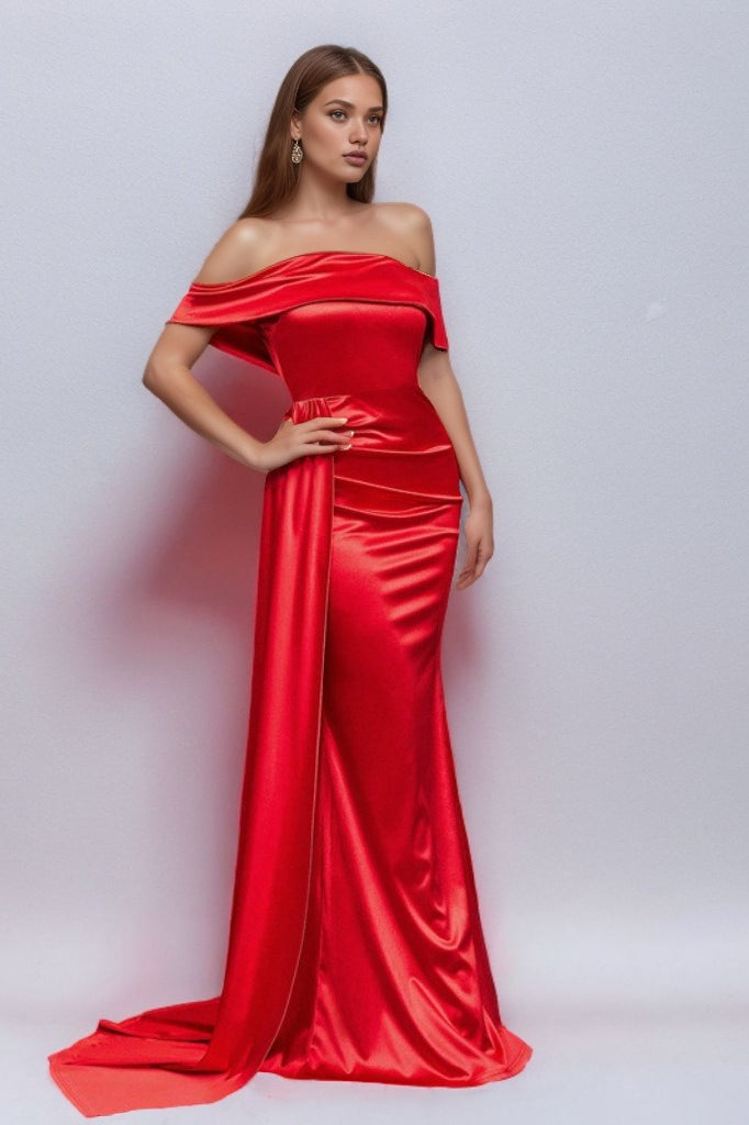 Satin Off Shoulder Ruched High Split Maxi Formal Gown - View 8