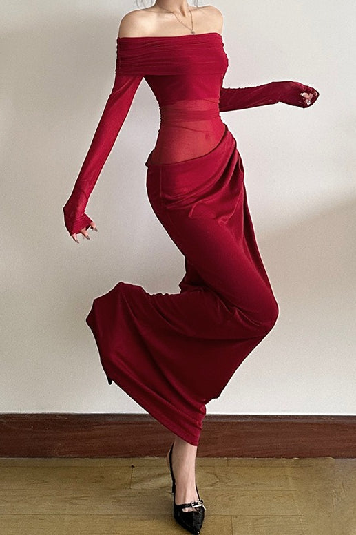 Off Shoulder Long Sleeve Sheer Mesh Ruched Bodycon Maxi Dress - View 13