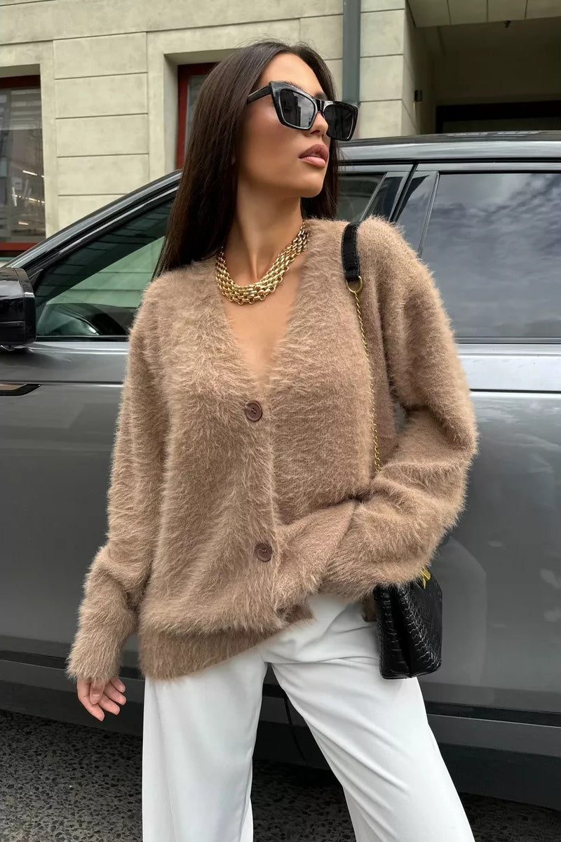 Faux Fur V Neck Cardigan