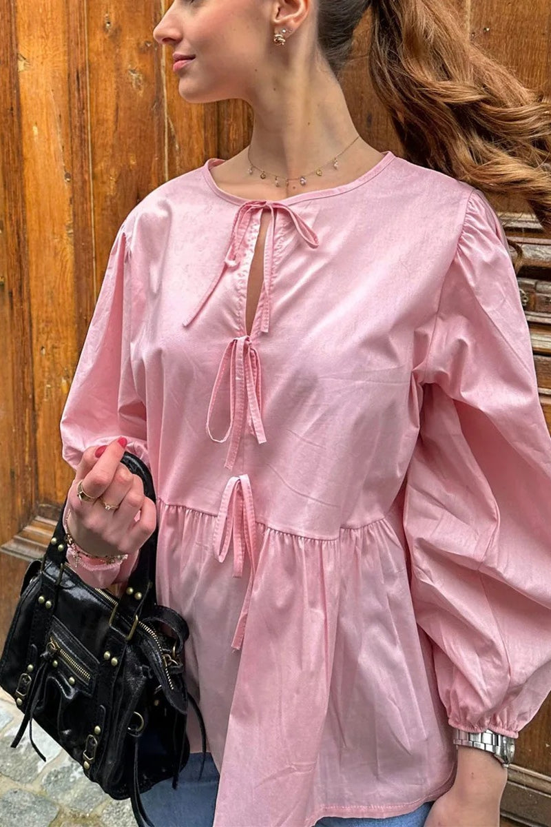 Striped Loose Fit Lace-Up Round Neck Blouse