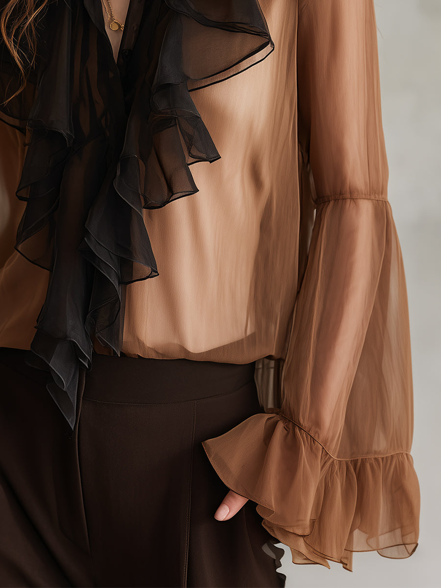 Retro Contrasting Double Layer Chiffon Ruffle Bell Sleeves Blouse