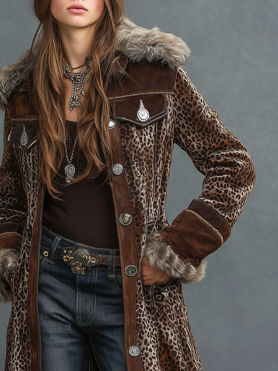 Vintage Leopard Print Polyester Velvet Suede Eco-friendly Fur Collar Coat - Fashionpara
