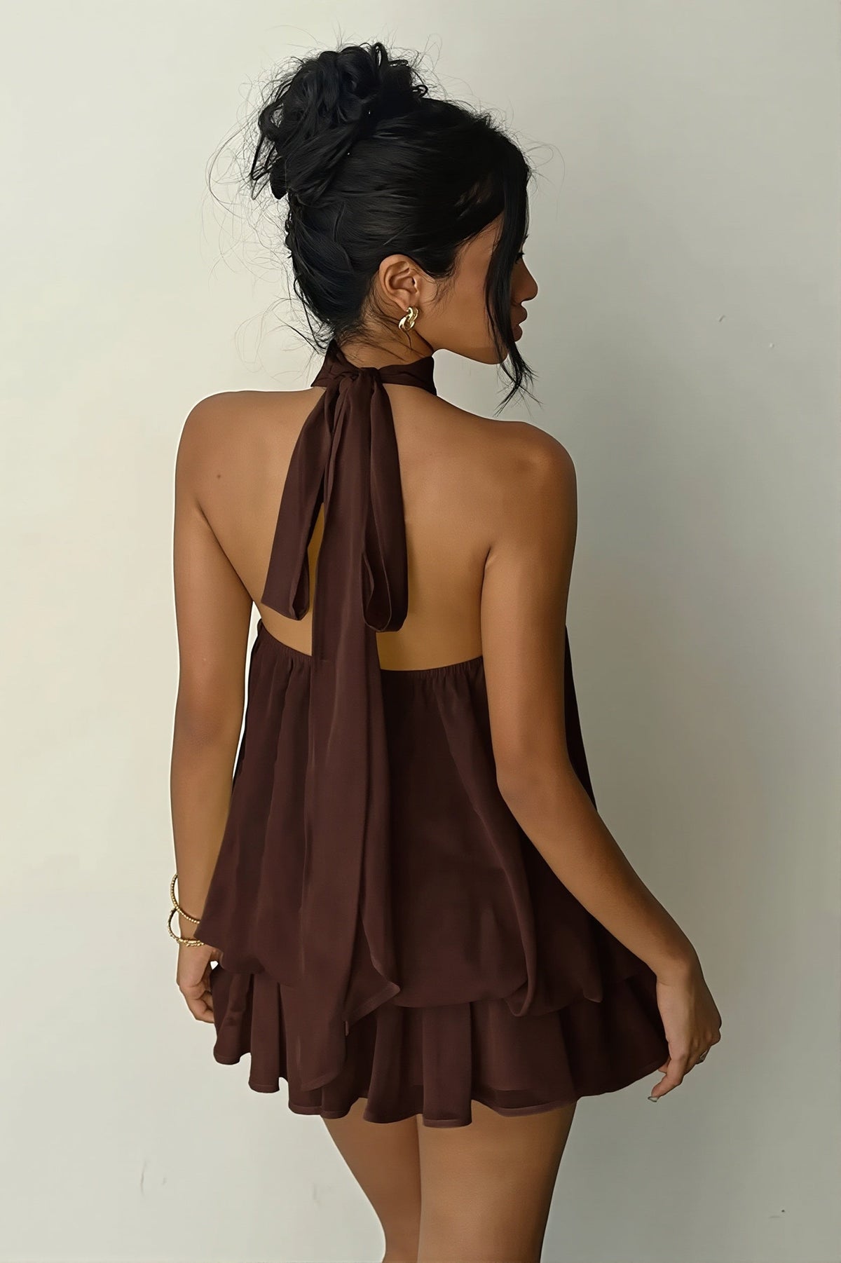 Chiffon Halter Neck Tiered Babydoll Mini Dress
