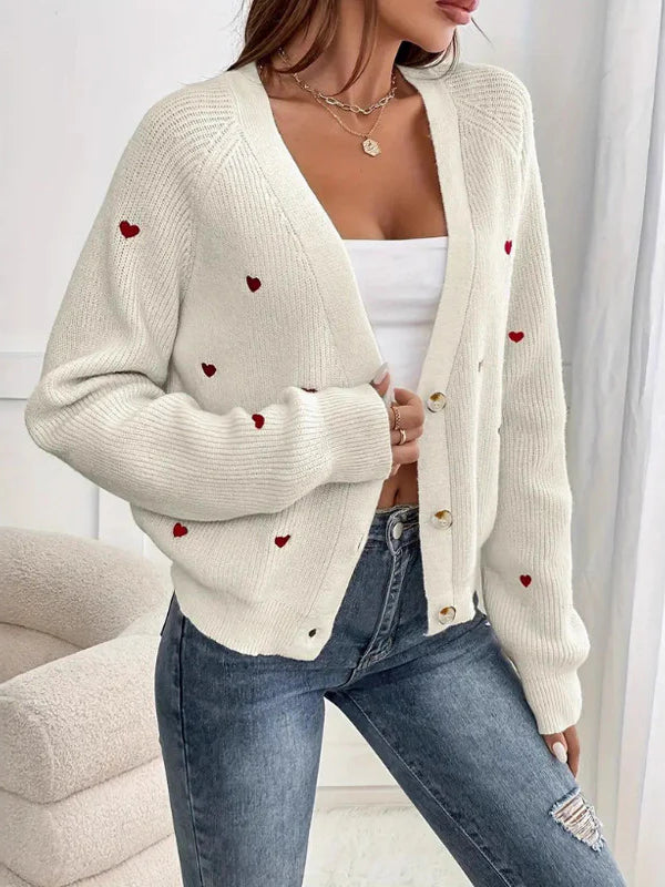 Heart Embroidery V-Neck Cardigan for Cozy Elegance