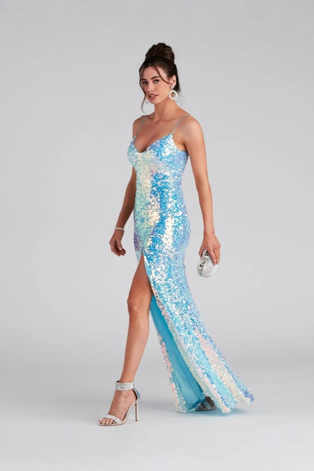 Sequin Spaghetti Strap V-Neck High Split Mermaid Maxi Dress - View 3