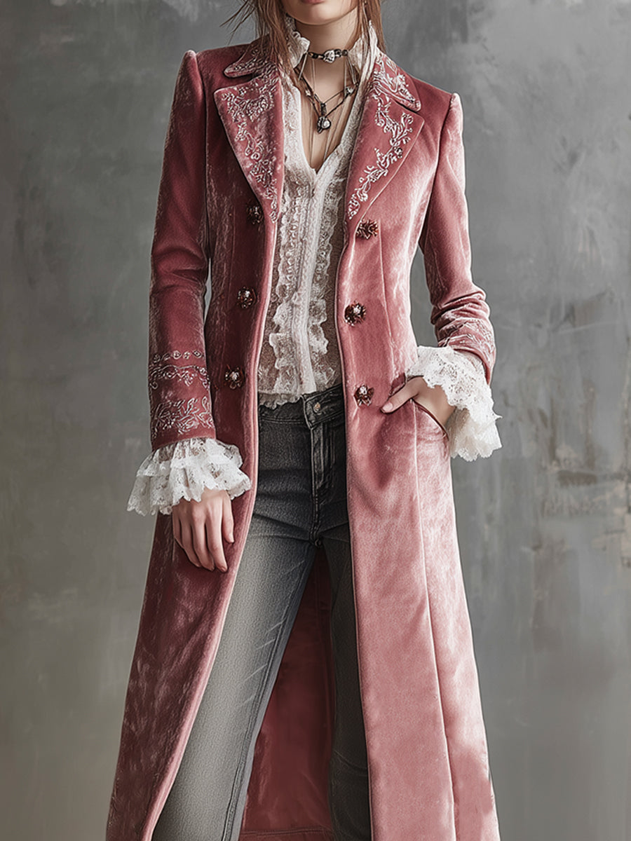 Elegantly Embroidered Polyester Velveteen Mid-length Coat