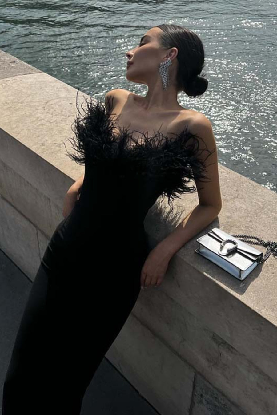 Feather Trim Off Shoulder Column Maxi Dress 2