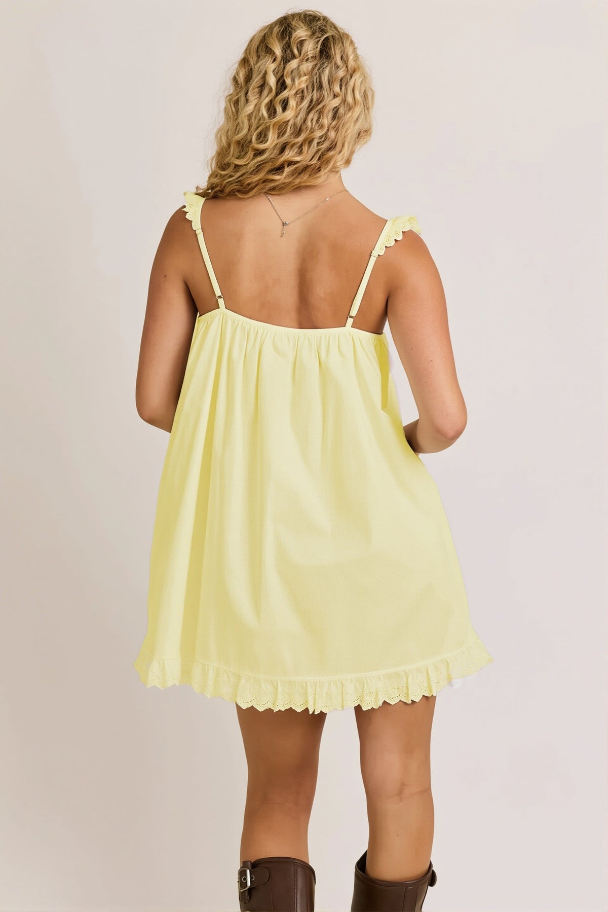 Eyelet Trim Square Neck Ruffle Strap Swing Mini Dress 10