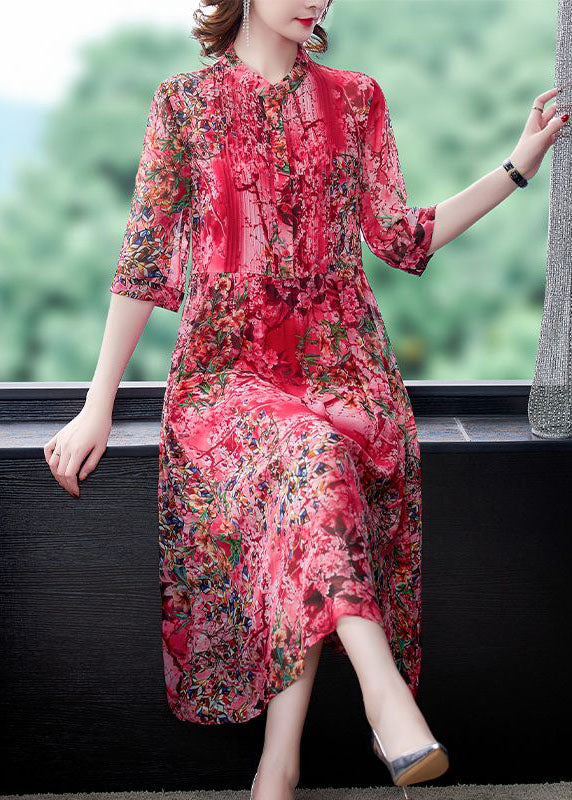Floral Print Mandarin Collar Pintuck Pleated A-Line Midi Dress