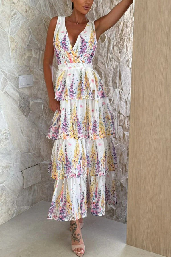 Sunny Views Lavender Print V-neck Tie-up Tiered Maxi Dress - Fashionpara