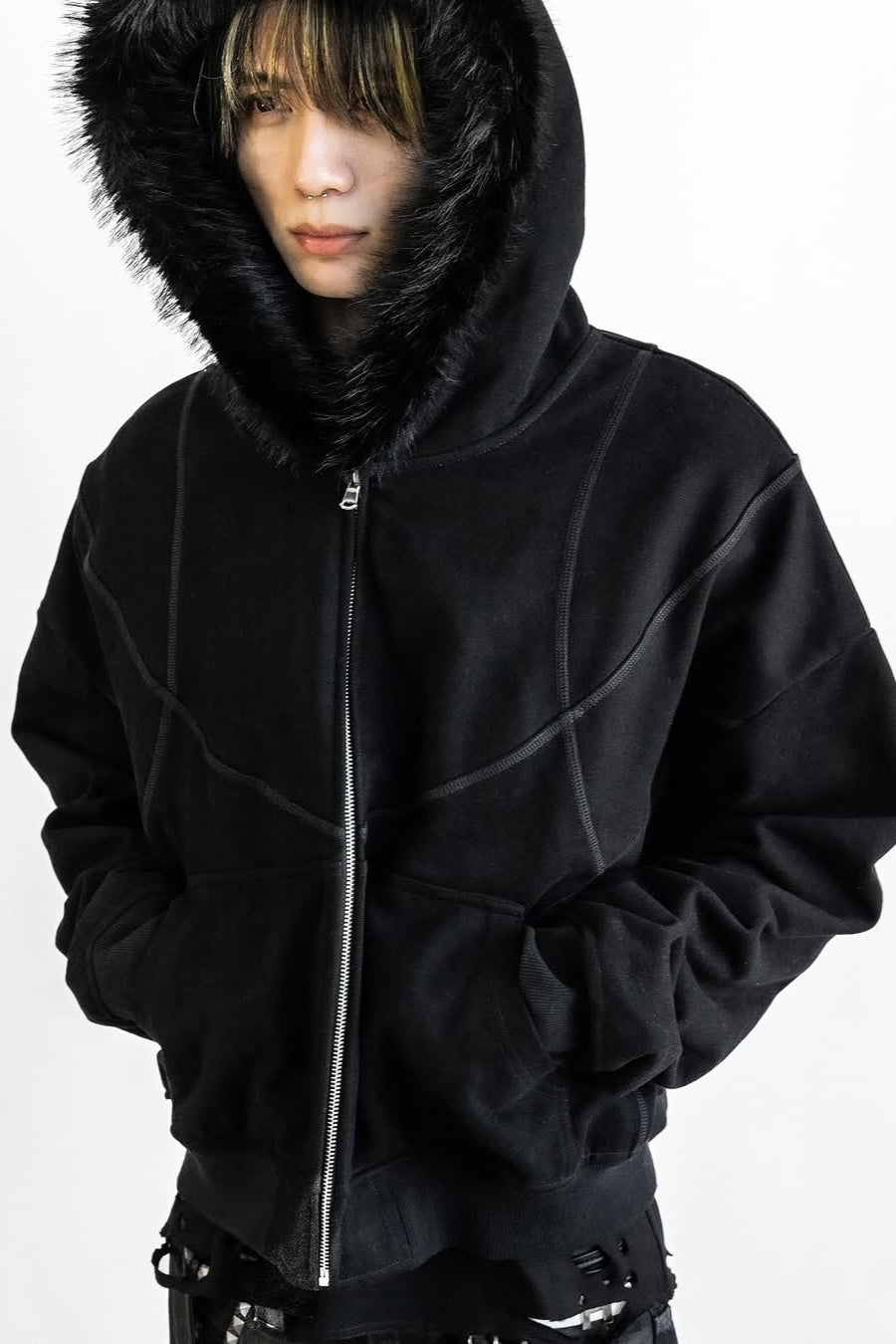 Faux-Fur Hood Graphic Zip-Up Hoodie