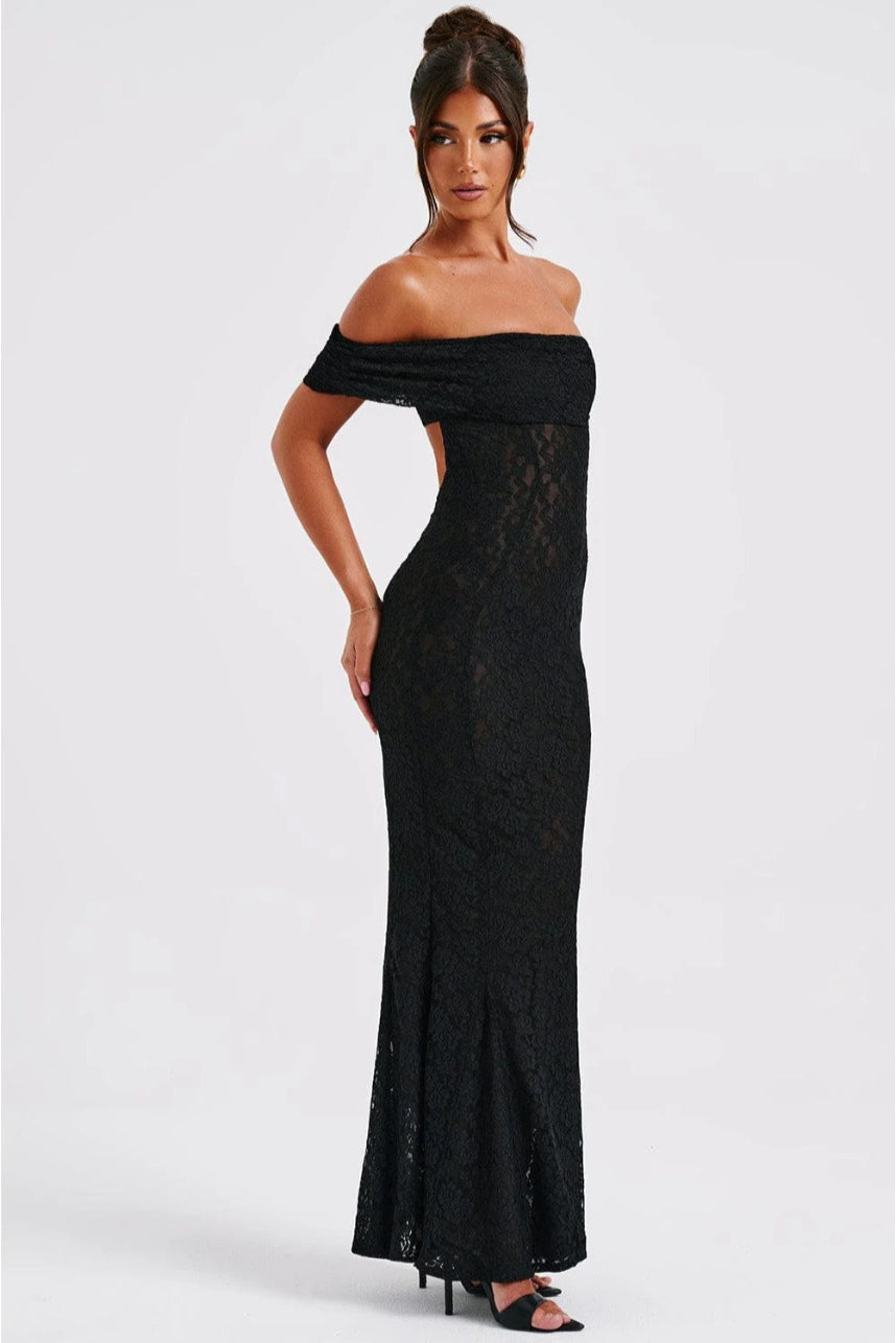Sheer Floral Lace Off-Shoulder Mermaid Maxi Gown