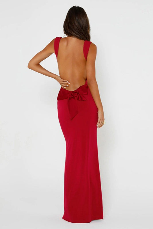 Satin Square Neck Bow Back Backless Maxi Formal Dress - View 6