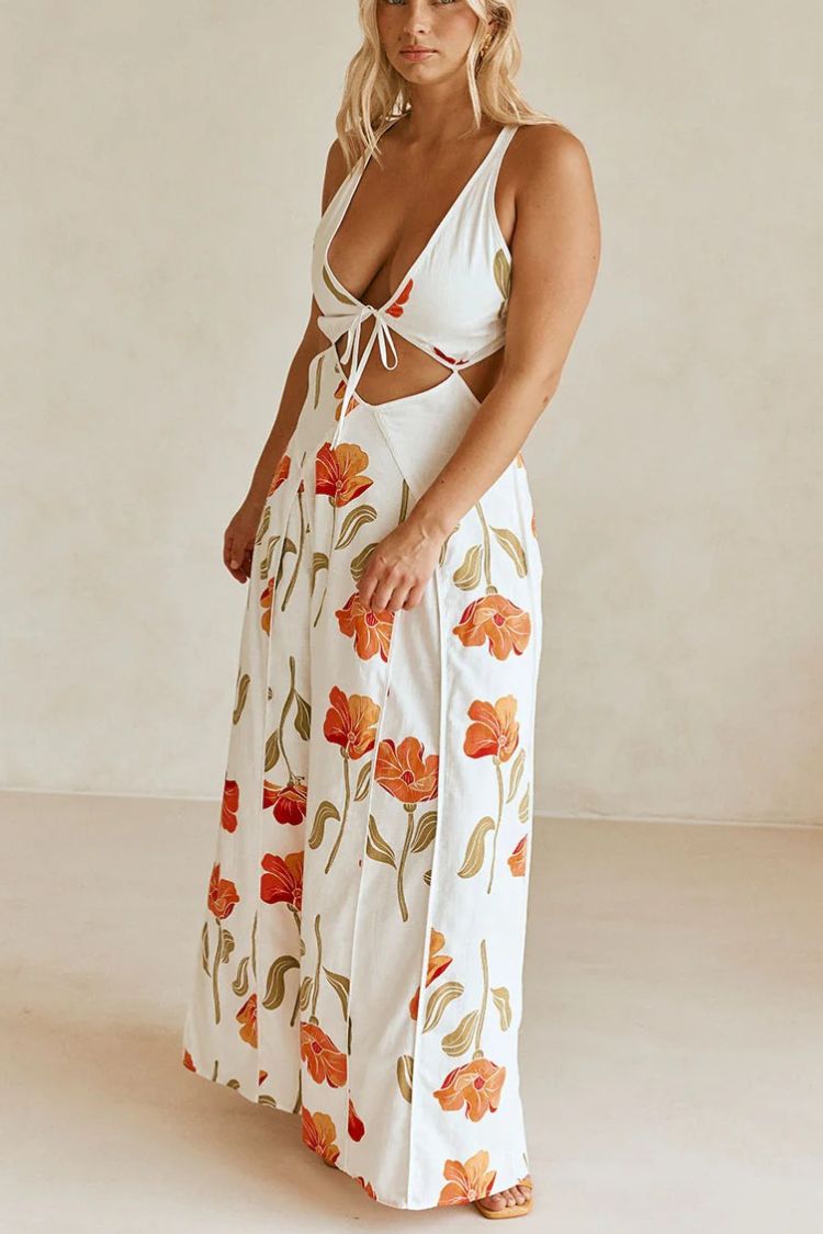 Eliska Linen Blend Poppy Print Cutout Contrast Trim A-line Maxi Dress - Fashionpara