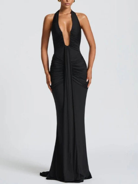 Solid Color Halter Neck V-Neck Backless Fishtail Party Dress - Fashionpara