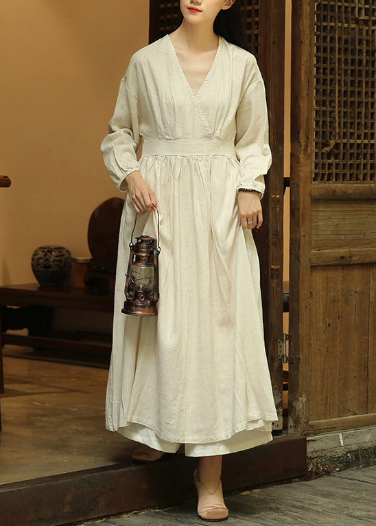 Linen V-Neck Wrap Long Sleeve Relaxed Maxi Dress - View 2