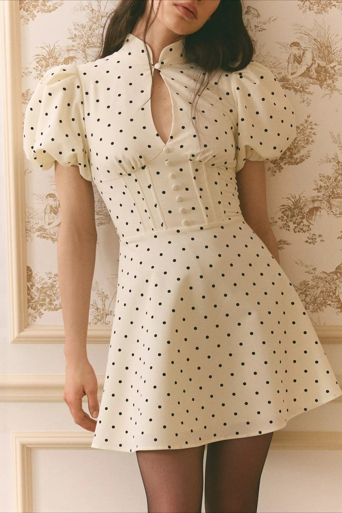 Polka Dot High Neck Keyhole Puff Sleeve Mini Dress