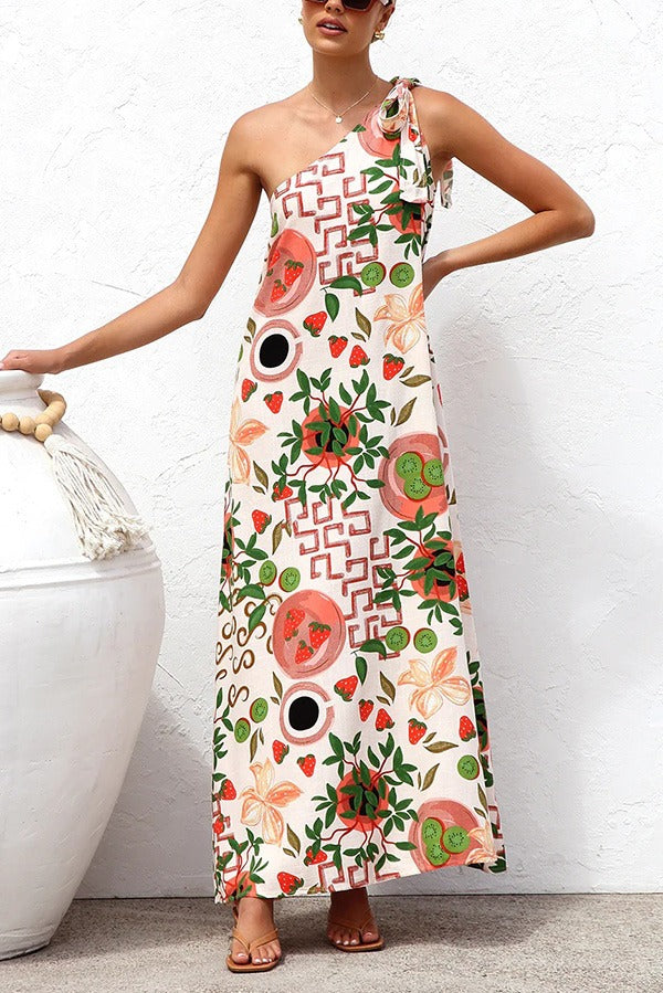 Botanical Print Elegant Strappy One-shoulder Resort Maxi Dress - Fashionpara
