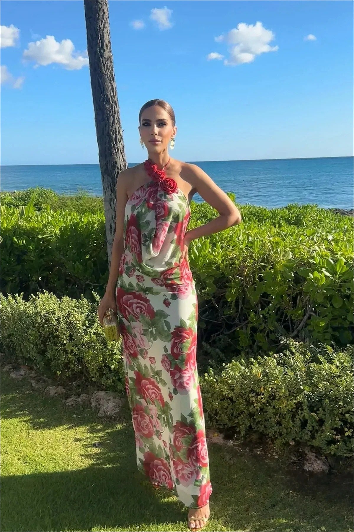 Rose Halter Off-Shoulder Floral Dress