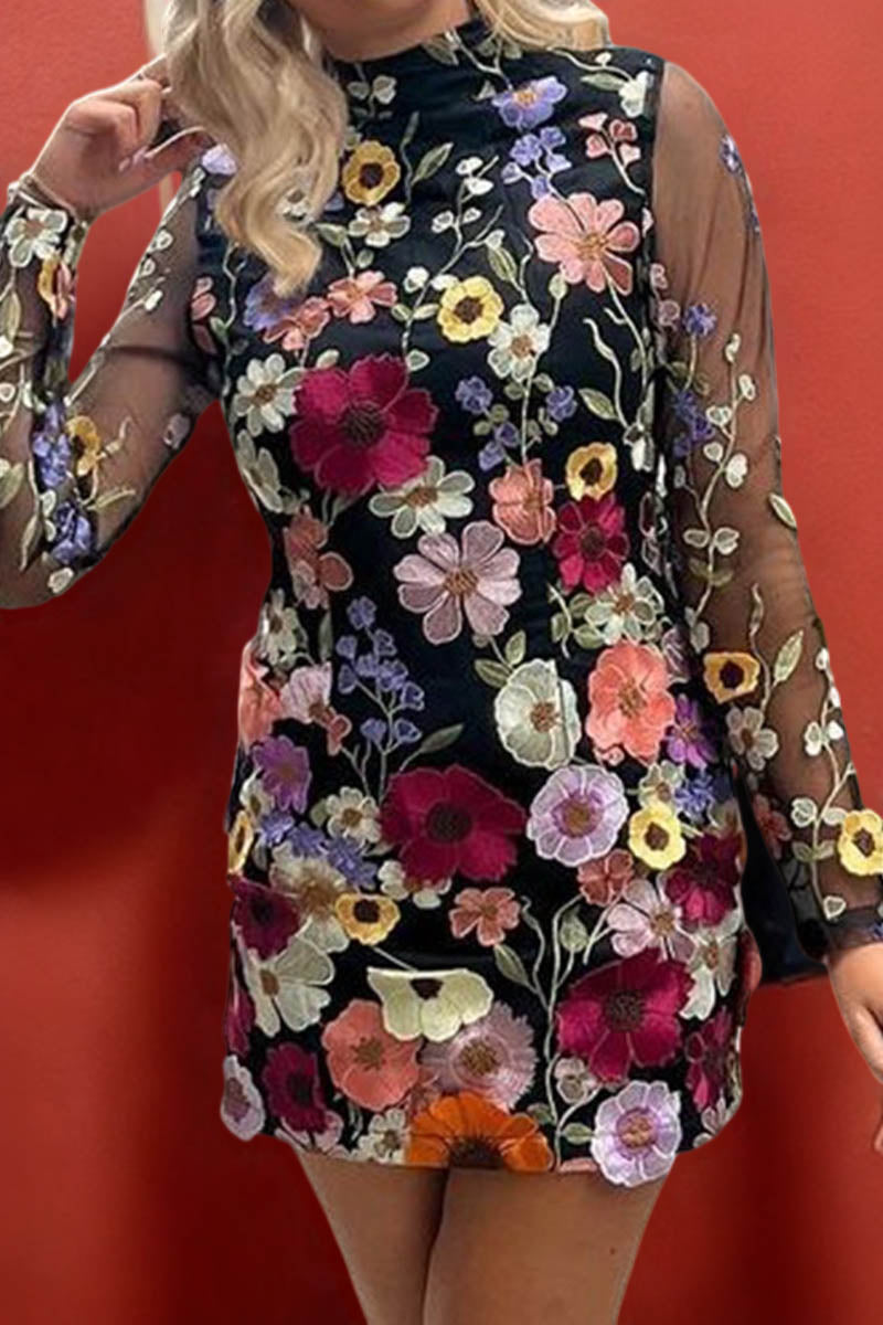 3D Lace Flower Embroidered Long-sleeved Fitted Dress - Fashionpara