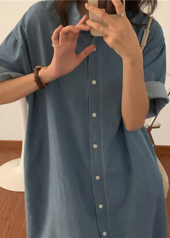 Denim Button Down Shirt Collar Short Sleeve Midi Shirt Dress - View 4